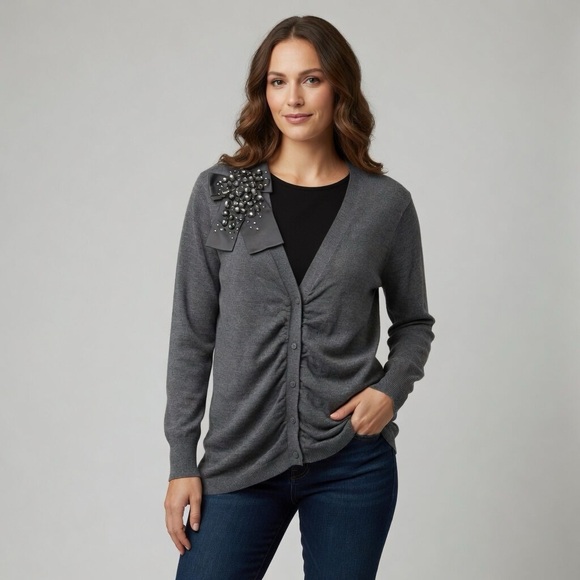 LOFT Sweaters - NWOT Loft Stunning Gray Cardigan with Jeweled Bow Accent Sz XL
